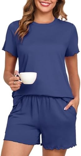 PrinStory Womens Pyjamas Summer Knit Ladies Pyjamas Regular Fit Short Sleeve T-Shirt And Short Casual Loungewear