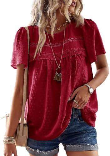 Women Tops Summer Round Neck Short Sleeve Shirts Casual Crochet Chiffon Blouses Flowy Lace Hem Boho Clothing Trendy