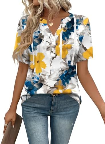 IECCP Women Tops Short Sleeve Button Dressy Tunic Summer V Neck T-Shirts Casual Pleated Fashion Blouses Shirts