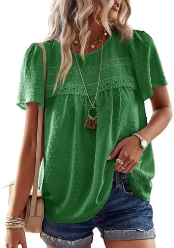 Women Tops Summer Round Neck Short Sleeve Shirts Casual Crochet Chiffon Blouses Flowy Lace Hem Boho Clothing Trendy