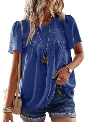 Women Tops Summer Round Neck Short Sleeve Shirts Casual Crochet Chiffon Blouses Flowy Lace Hem Boho Clothing Trendy