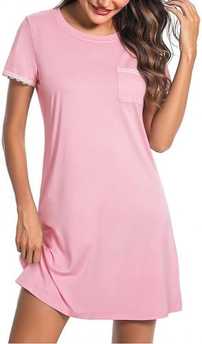 Bresdk Nightdresses for Women Lace Trim Night Dress Short Sleeve Nightshirts Crew Neck Nightwear