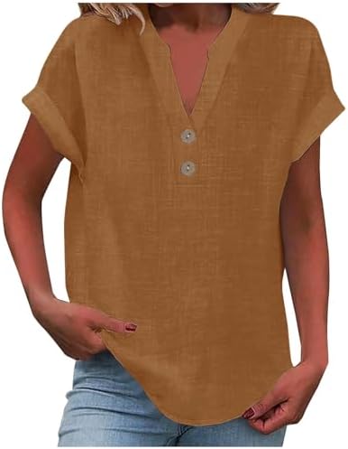 Yinguo Ladies Tops 2025 Women's Summer Cotton Linen Cap Sleeve T-Shirt Button V Neck Tunic Tops Fashion Baggy Solid Plain Casual Shirts Trendy Blouse