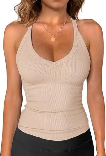Imily Bela Women's Tank Top Sexy Spaghetti Cami with V-Neck Racer Back Ribbed Summer Vest Slim Fit Cami Shirt