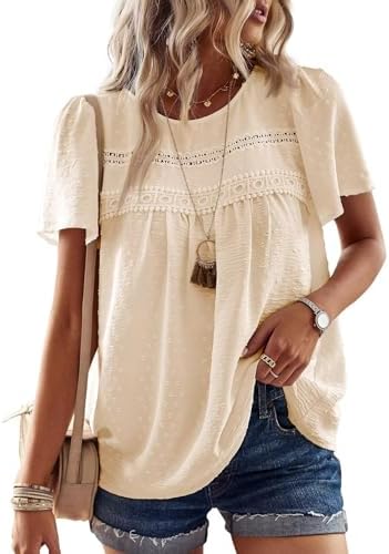 Women Tops Summer Round Neck Short Sleeve Shirts Casual Crochet Chiffon Blouses Flowy Lace Hem Boho Clothing Trendy