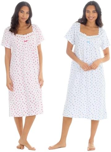 INSIGNIA Womens Pack of 2 Short Sleeve Knee Length Pure Cotton Jersey Nightshirts Nighties