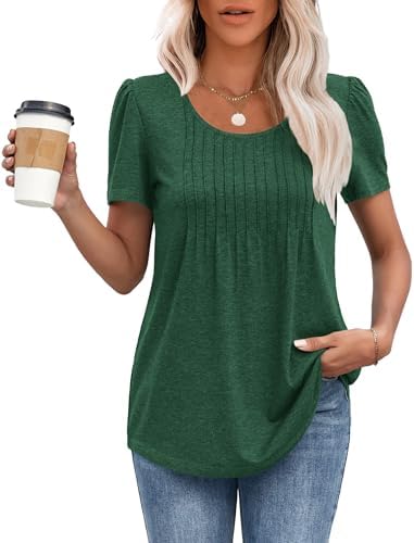 MOLERANI T Shirts for Women UK Round Neck Loose Casual Puff Short Sleeve Summer Tee Tops Front Pleated T Shirt