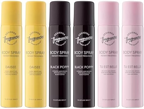Designer Fragrances 6 Pack Assorted Aromas Bundle - Tu Est Belle, Orchyd, Alise - Women's Body Spray Deodorant Cans - For Instant Freshness on The Go - Long Lasting Smell, Great Gifts - 100ml