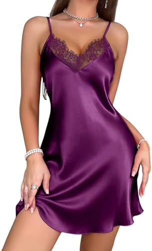Marvmys Satin Nightdress for Women UK Lace Negligees Strap Chemise Silk Nighties for Ladies V Neck Full Slips Sleepwear Nightwear
