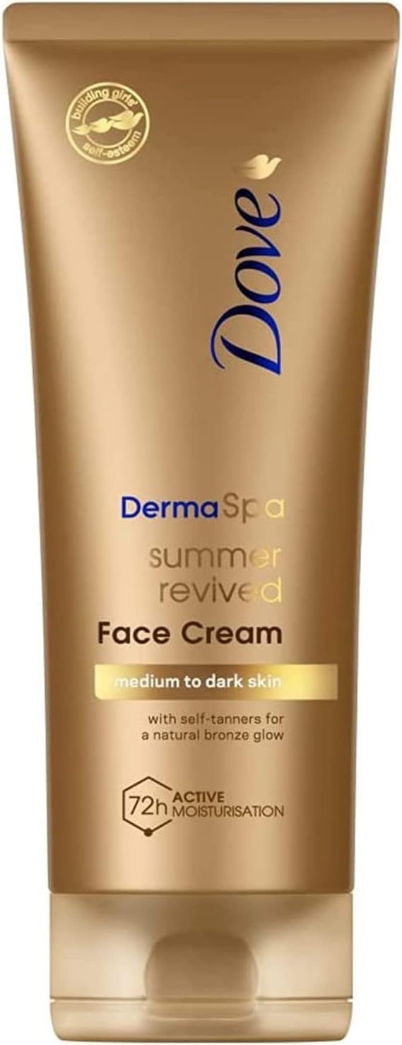 Dove Unilever DermaSpa Body Lotion Summer Revived Self-Tanning Medium to Dark, 200ml with Dove Derma Spa Face Cream Summer Revived Medium to Dark, 75ml, 2 Piece Set