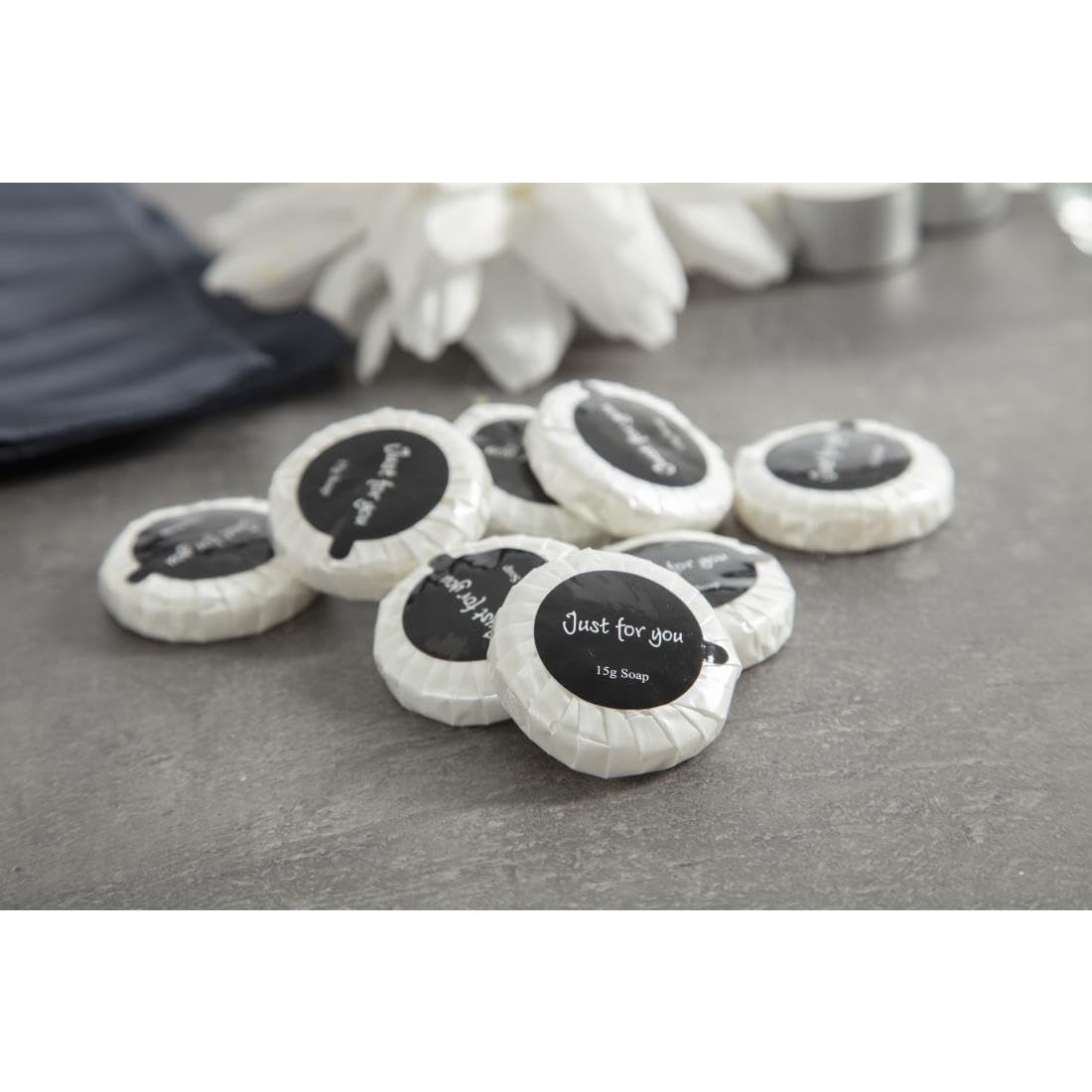Travel Toiletries - Just for You Soap 20ml (Pack of 100), Weight: 15 grams per Soap, Dimensions: 45(Dia) x 10mm, REACH Compliant Hotel Soaps, Pleasant Fragrance, Individually Wrapped Soaps | GF951