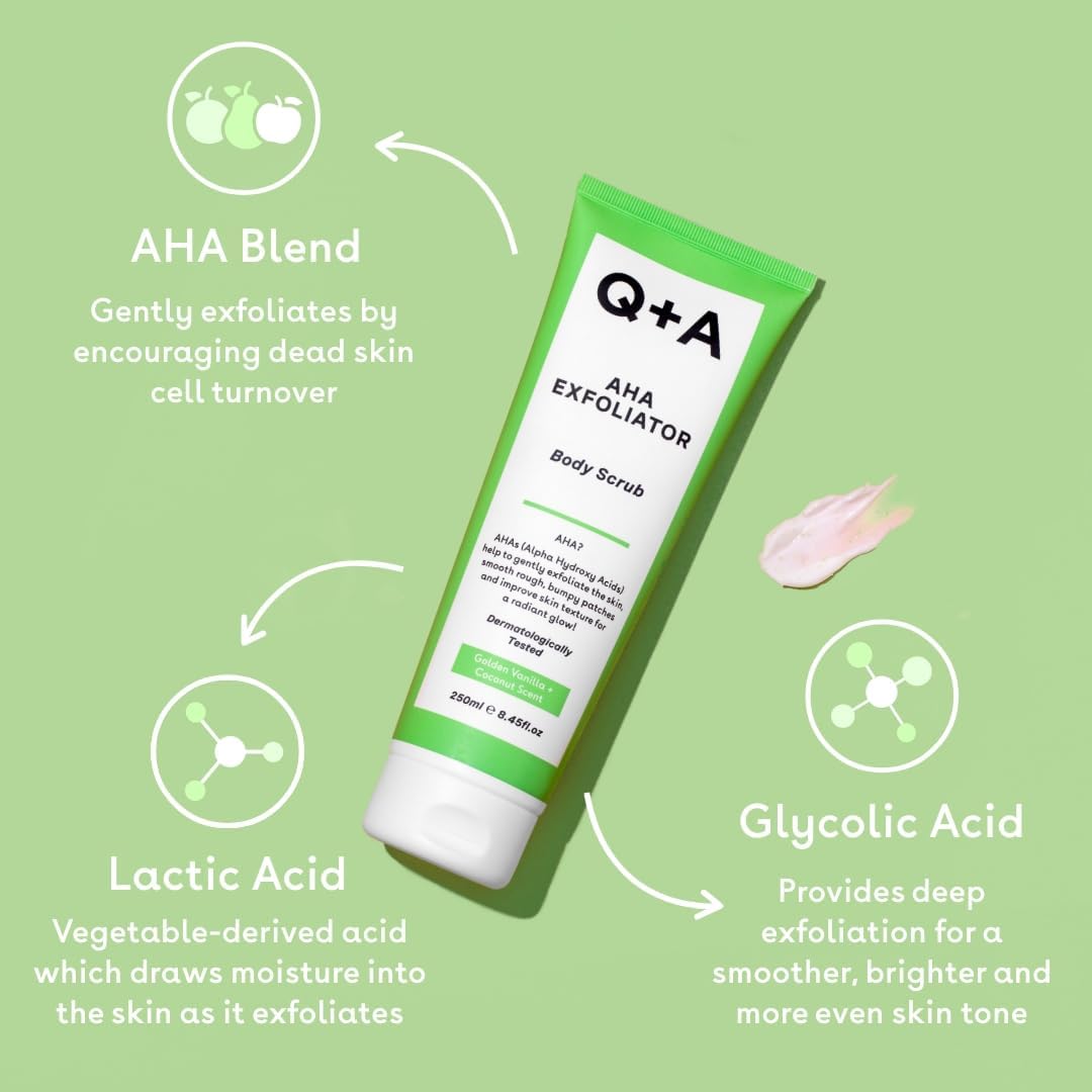 Q+A AHA Exfoliator Body Scrub (250ml), Exfoliating Body Scrub with AHA and Lactic & Glycolic Acid, Smooths Rough Dry Skin, Brightens & Hydrates, Vanilla & Coconut Scent