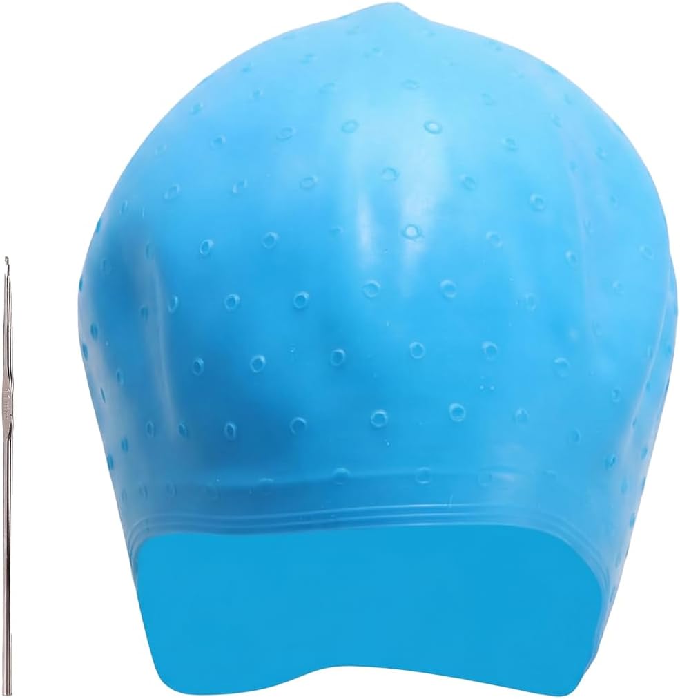 Blue Silicone Highlighting Cap Anti-Bleeding Snug Fit Hair Dyeing Kit with Hook Tool Reusable Pre-Pierced Holes Hair Colouring Hat for Accurate DIY Home Salon Results Professional Grade