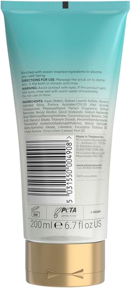 Sanctuary Spa Aqua Serenity Body Scrub, 200ml, Gentle Exfoliating Gel with Natural Pumice, Lotus Water & Magnolia Blossom – Refreshing Ocean-Inspired Fragrance for Smooth, Soft Skin