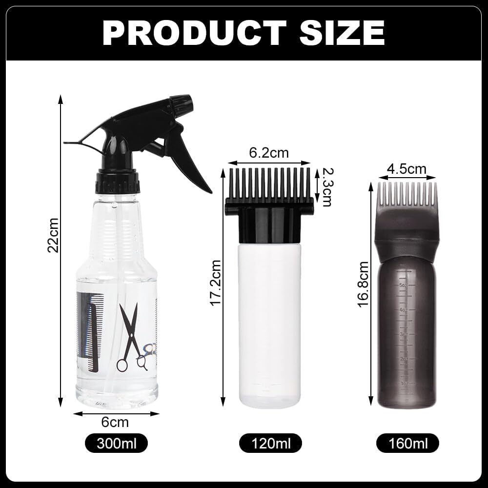 Hair Oil Applicator Bottle, 3PCS Root Comb Applicator with Continuous Spray Bottle 300ml, Graduated Scale for Salon & Home DIY