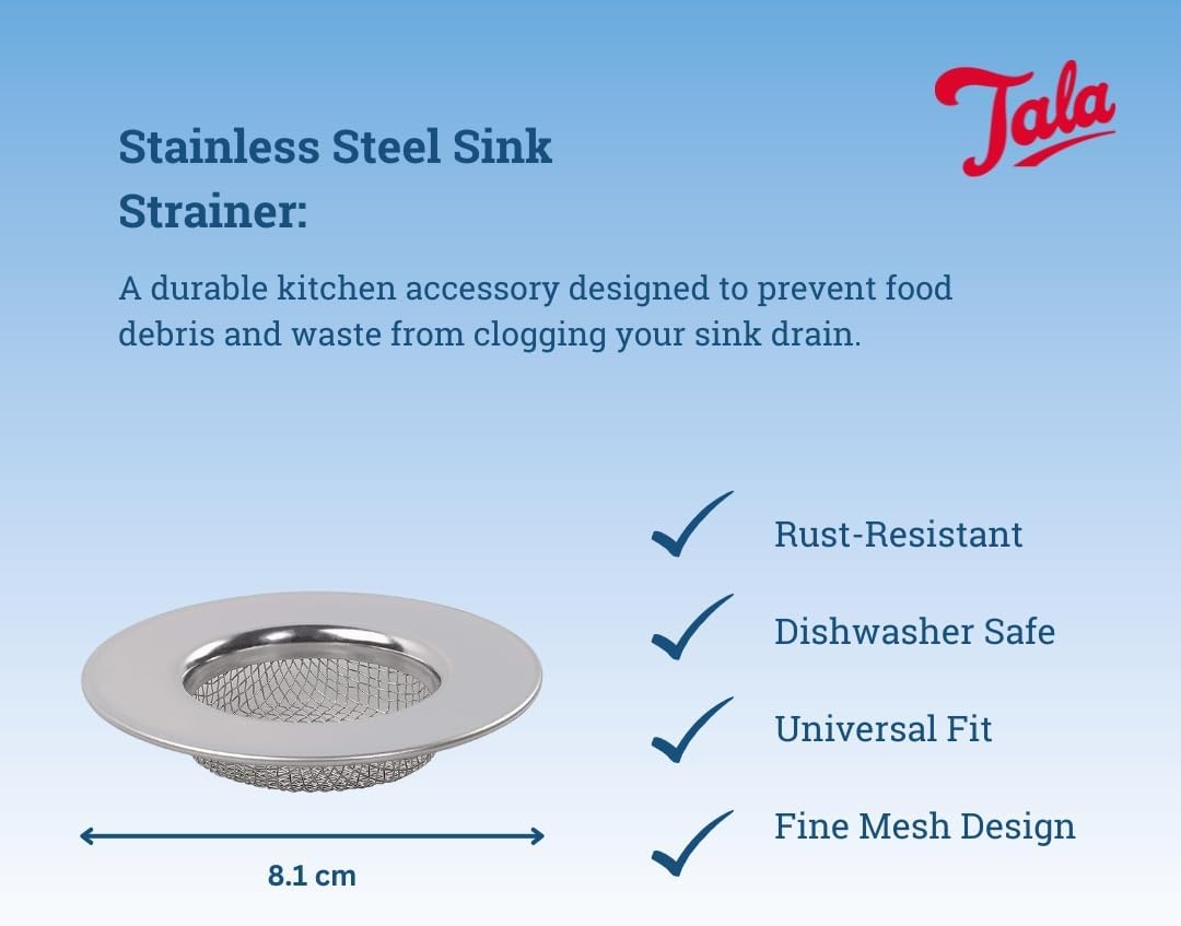 Tala Stainless Steel Mini Sink Strainer, Silver Drain Protector for Sinks, Basins & Baths, Prevents Clogged Drains, Durable & Dishwasher Safe, Rust-Resistant