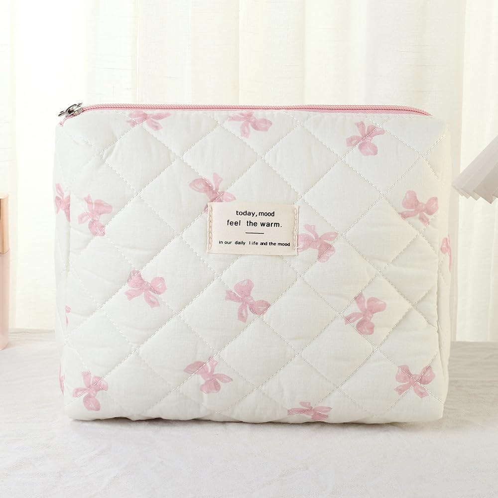Aucuu 3PCS Coquette Makeup Bag, Quilted Makeup Bag for Women, Floral Cotton Cosmetic Bag Set, Large Capacity Aesthetic Floral Toiletry Bag, Travel Toiletry Bag, Wash Organizer Pouch for Women Girls