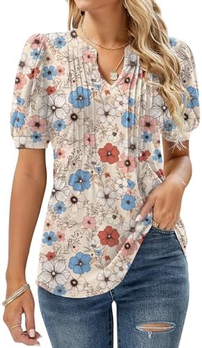 EFFAN Womens V Neck Tops Puff Short Sleeve T-Shirt Pleated Floral Printed Tunic Blouse Shirts