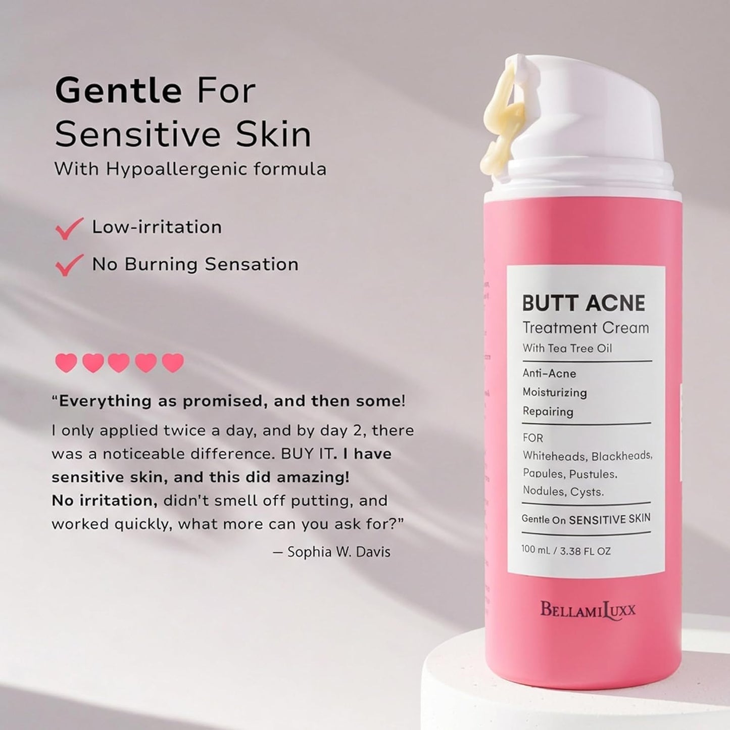 BellamiLuxx Butt Acne Clearing Treatment Cream: Body Acne Treatment Lotion for Folliculitis and Pimples on Back, Buttocks, Thighs With 2% Salicylic Acid & Tea Tree Oil - Butt Cream for Smooth Skin