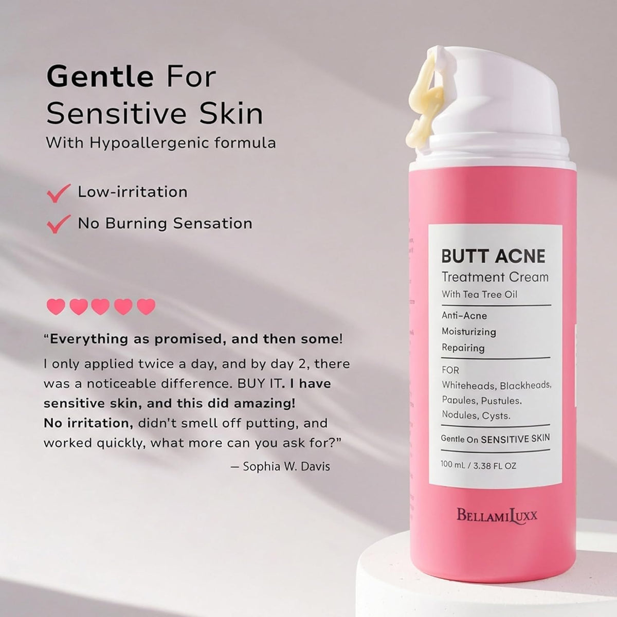 BellamiLuxx Butt Acne Clearing Treatment Cream: Body Acne Treatment Lotion for Folliculitis and Pimples on Back, Buttocks, Thighs With 2% Salicylic Acid & Tea Tree Oil - Butt Cream for Smooth Skin