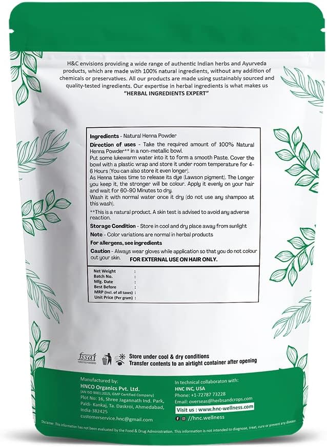 H&C 100% Pure Natural Henna Powder (Lawsonia Inermis) 227 Gms (1/2 Lb) For Hair…