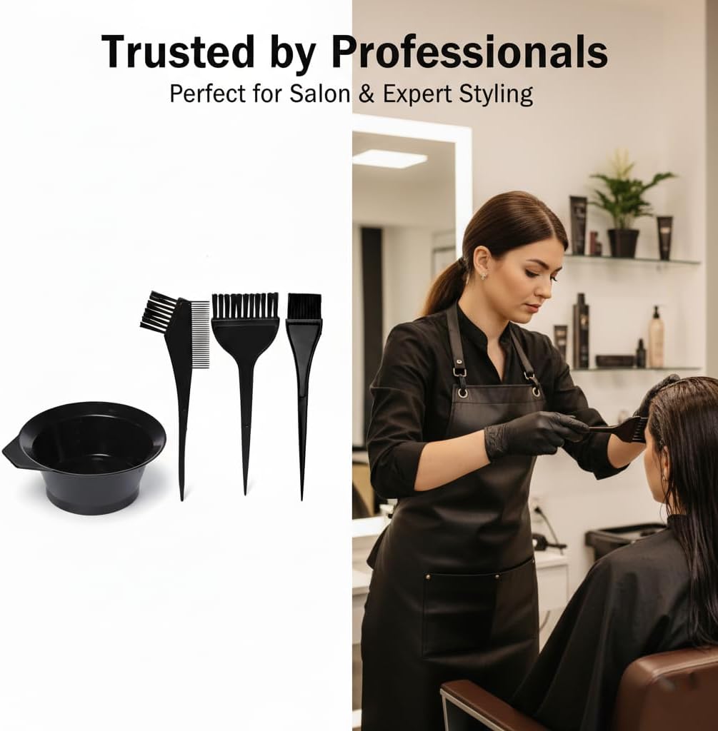 Hair Dye Set Colouring Tint Tool Brush Kit and Bleach Mixing Bowl Set Double sided Coloring Comb and Hair Dyeing Applicator - Professional Hairdressing & Highlighting Kit (Set of 4-Black)