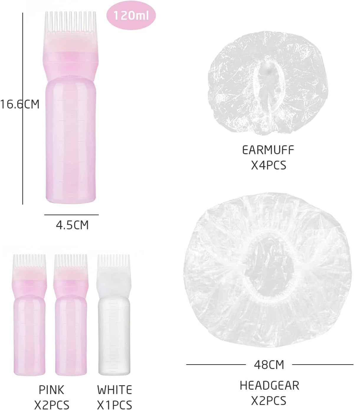 3 pieces of hair dye comb bottles, with 2 shower caps and pairs waterproof earmuffs, plastic squeeze, root applicator, hairdressing tools scale (120ml), Pink, White, RFP1