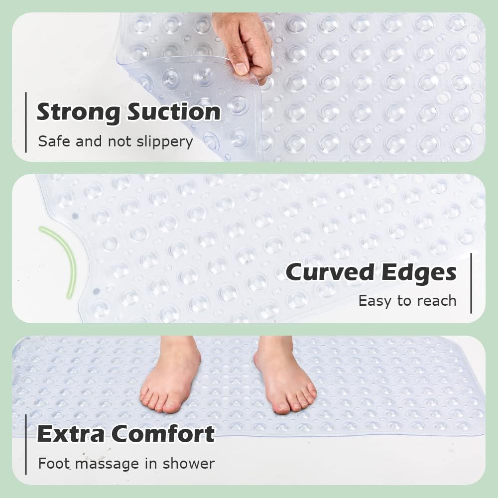Pinzz Vinyl Non-Slip Bathtub Mat Anti Mould Shower Mat,Extra Long,100 * 40CM/16"*38", Powerful Suction Cup Gripping,Machine Washable, BPA Free, Non-Toxic, Phthalate free, Latex Free(Clear)
