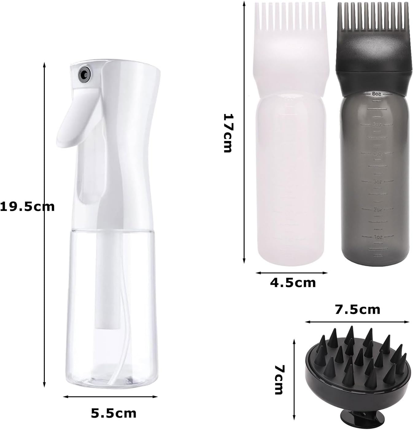 JOYOLA 4pcs Hair Oil Applicator Bottle, Plastic Hair Dye Oil Applying Applicator, 2 Root Comb Applicator Bottle Graduated, 1 Spray Bottle and 1 Scalp Massager for Hair Colouring and Conditioning