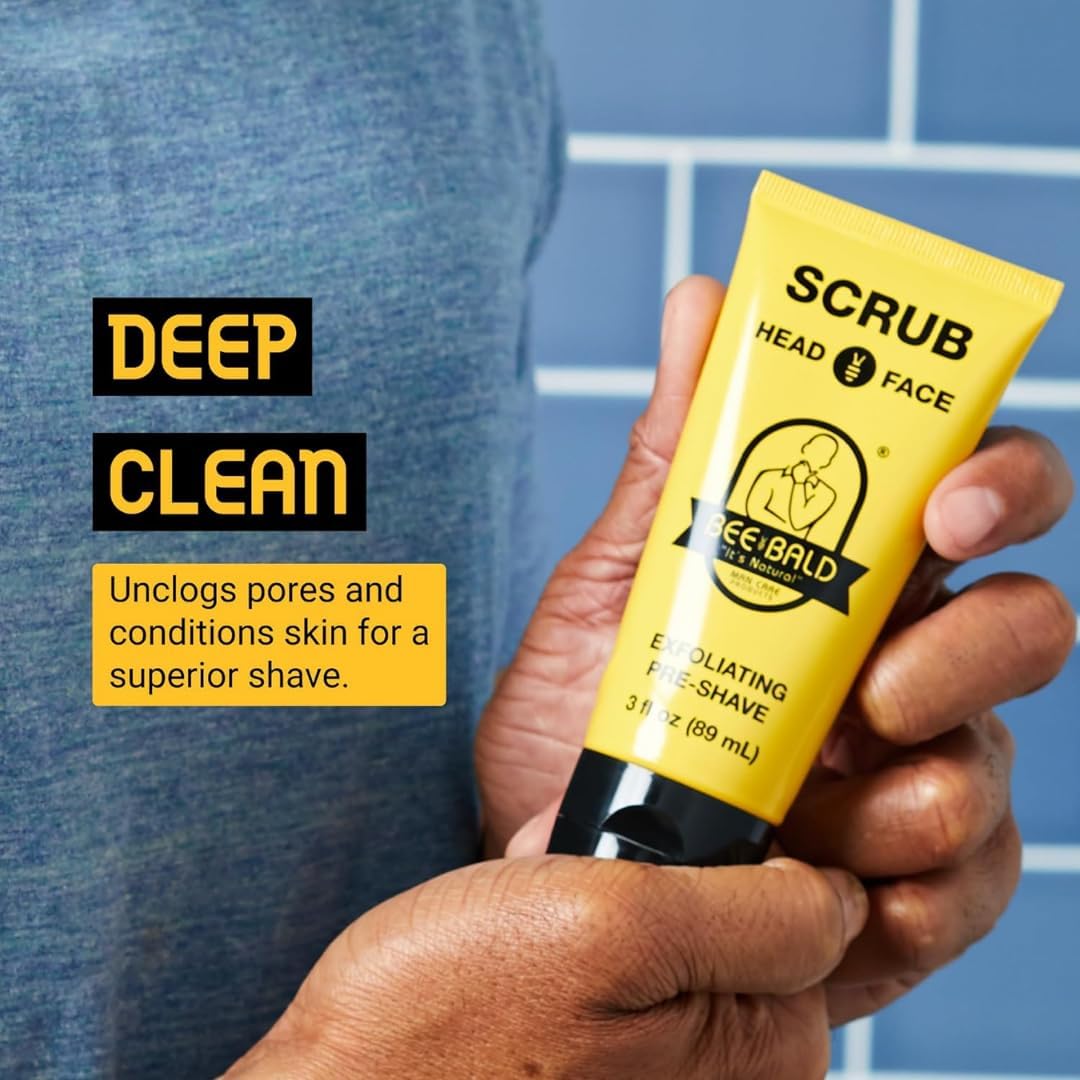 Bee Bald SCRUB Exfoliating Pre-Shave deep cleans and removes pore clogging dirt, oil and dry, flaky skin, preparing it for a ‘super close shave’ and leaving it ‘smoother than a baby's behind’
