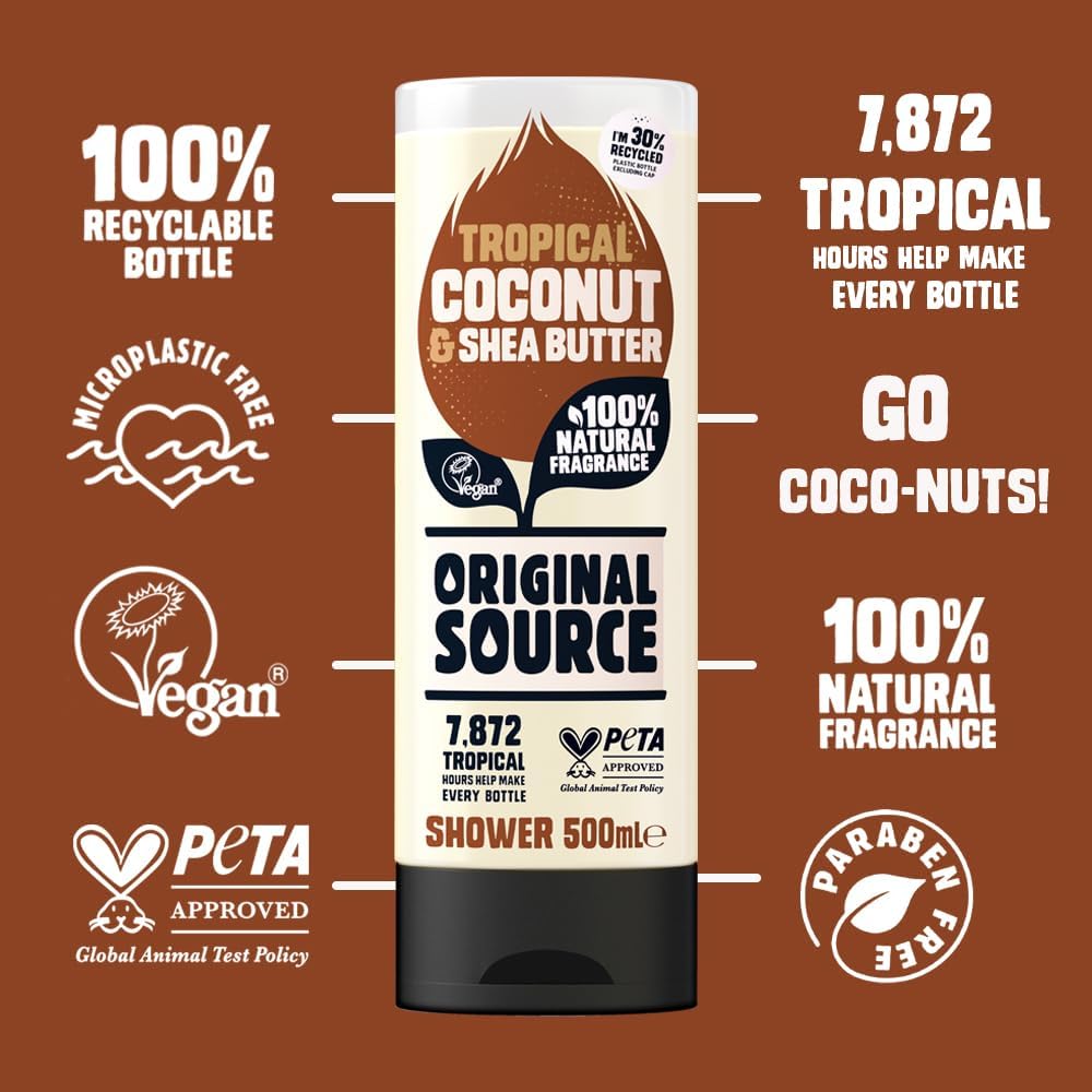 Original Source Coconut and Shea Butter Shower Gel, 100 Percent Natural Fragrance, Vegan, Cruelty Free, Paraben Free, Bulk Buy, Pack of 6 x 500 ml