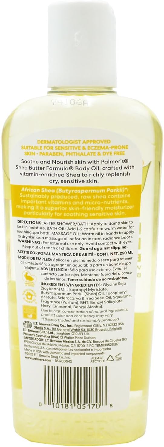 PALMER'S Shea Butter Formula Raw Shea Nourish Body Oil with Vitamin E, 250ml - Deep Moisturizing & Hydrating Body Oil for Dry Skin, Bath, Shower & Massage.(With Cosmetic Spatula)