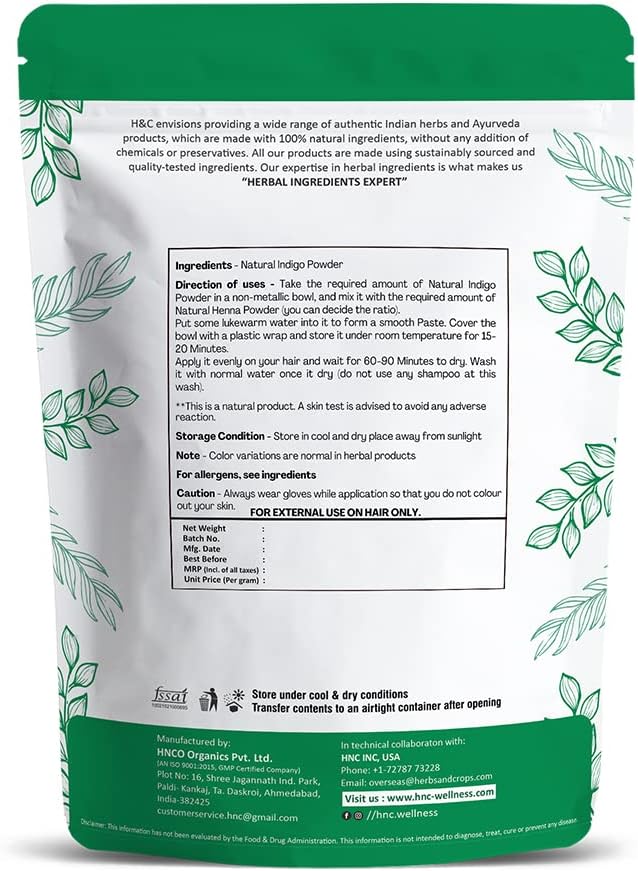 H&C Indigo Powder (Indigofera Tinctoria) - 227g Pack | For Hair Coloring