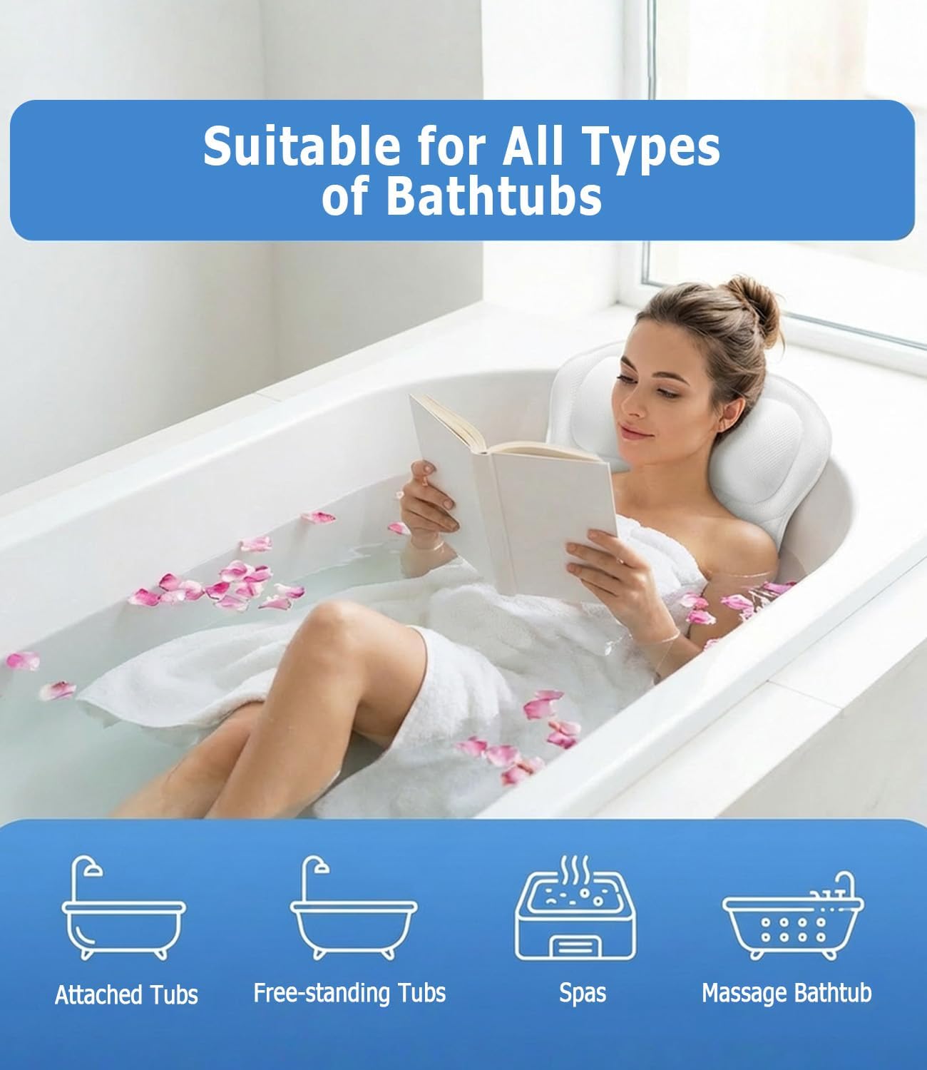 Full Body Bath Pillow for Bathtub: Ergonomic Design Support Bath Mat with Pillow 5D Air Mesh and 16 Powerful Suction Cups for Women Home Tub Relaxing Spa Fits All Bathtub