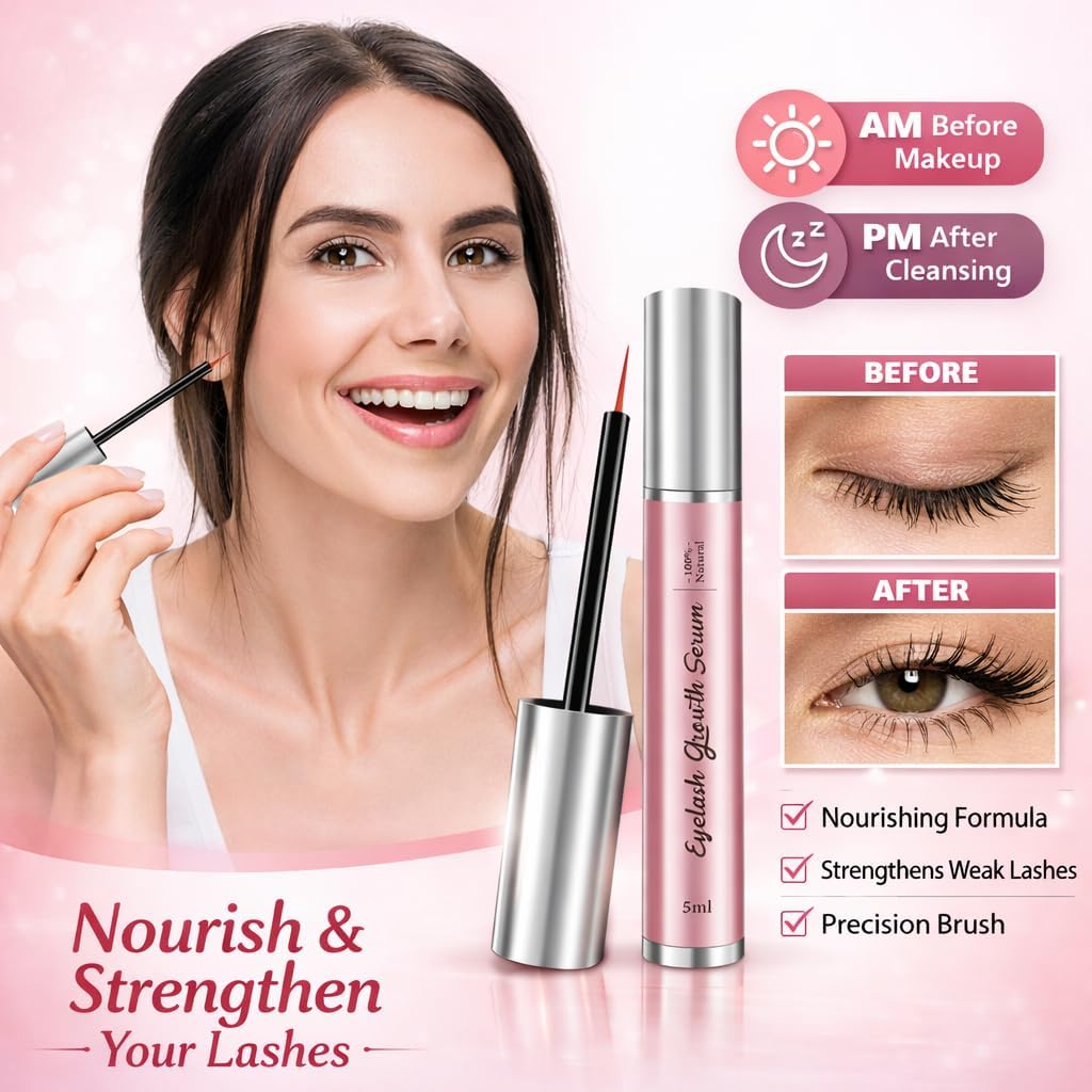 Eyelash Growth Serum, Eyebrow & Lash Serum for Longer and Thickness,5ml | Infused with hyaluronic acid, nourishes lashes to look longer thicker fuller, vegan cruelty-free, travel size
