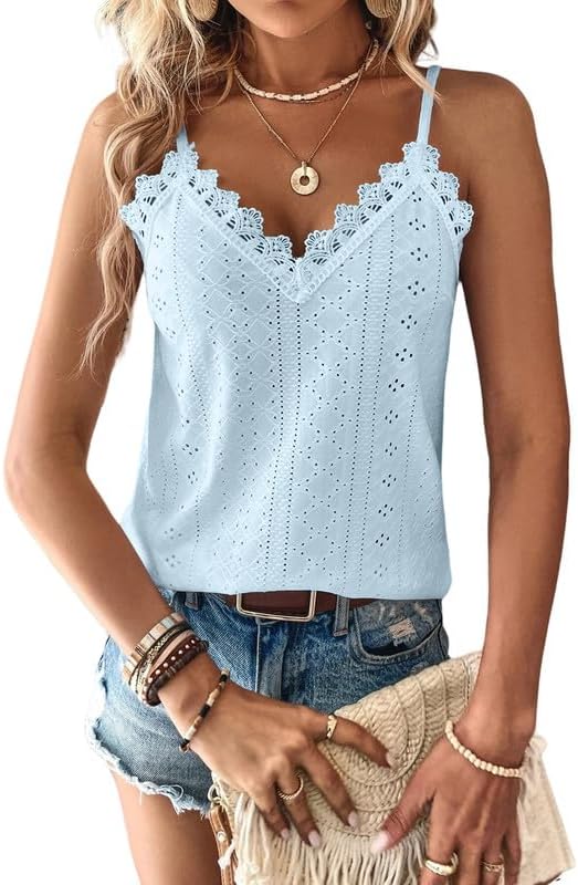 Haibang Vest Tops Women Lace Trim V Neck Ladies Summer Tops Tank Tops Sleeveless Spaghetti Strap Cami Top Eyelet Embroidery Camisole Loose Fit Blouse Shirt