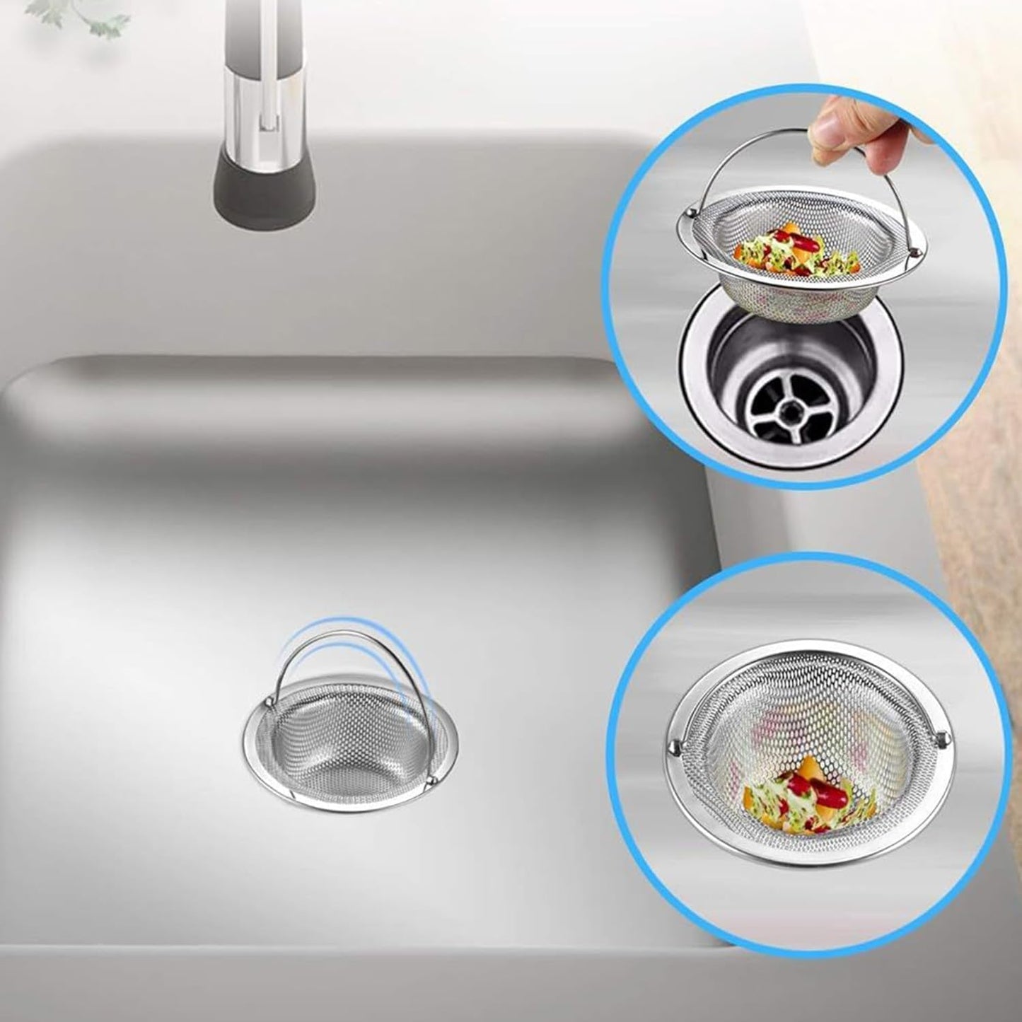 2 Pack Kitchen Sink Strainer with Lift-Up Handle, 11cm Stainless Steel Sink Sieve for 110mm Drain Hole, 1mm High-Density Perforated Basket Food Catcher, 3cm Deep Anti-Clogging Filter