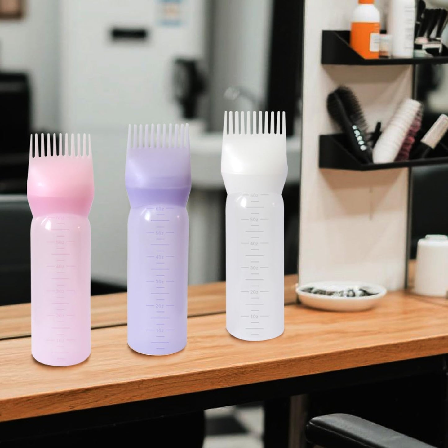 YANTAISIYU 3 Pieces Hair Oil Applicator Bottle Root Comb Hair Dye Brush Applicator Bottle with Graduated 6 Ounce Scale (3 Colors)