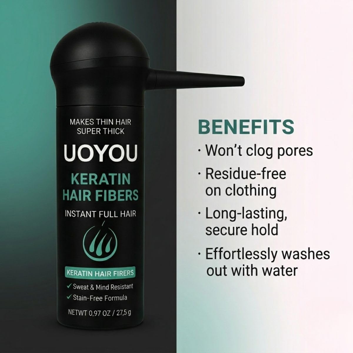 UOYOU Hair Fibres BLACK 27.5g with Pump Applicator – Natural Keratin Hair Building Fibers for Thinning Hair – Undetectable, Sweat- & Wind-Resistant Concealer for Men & Women