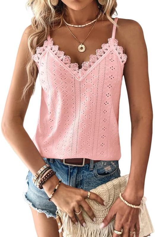 Haibang Vest Tops Women Lace Trim V Neck Ladies Summer Tops Tank Tops Sleeveless Spaghetti Strap Cami Top Eyelet Embroidery Camisole Loose Fit Blouse Shirt