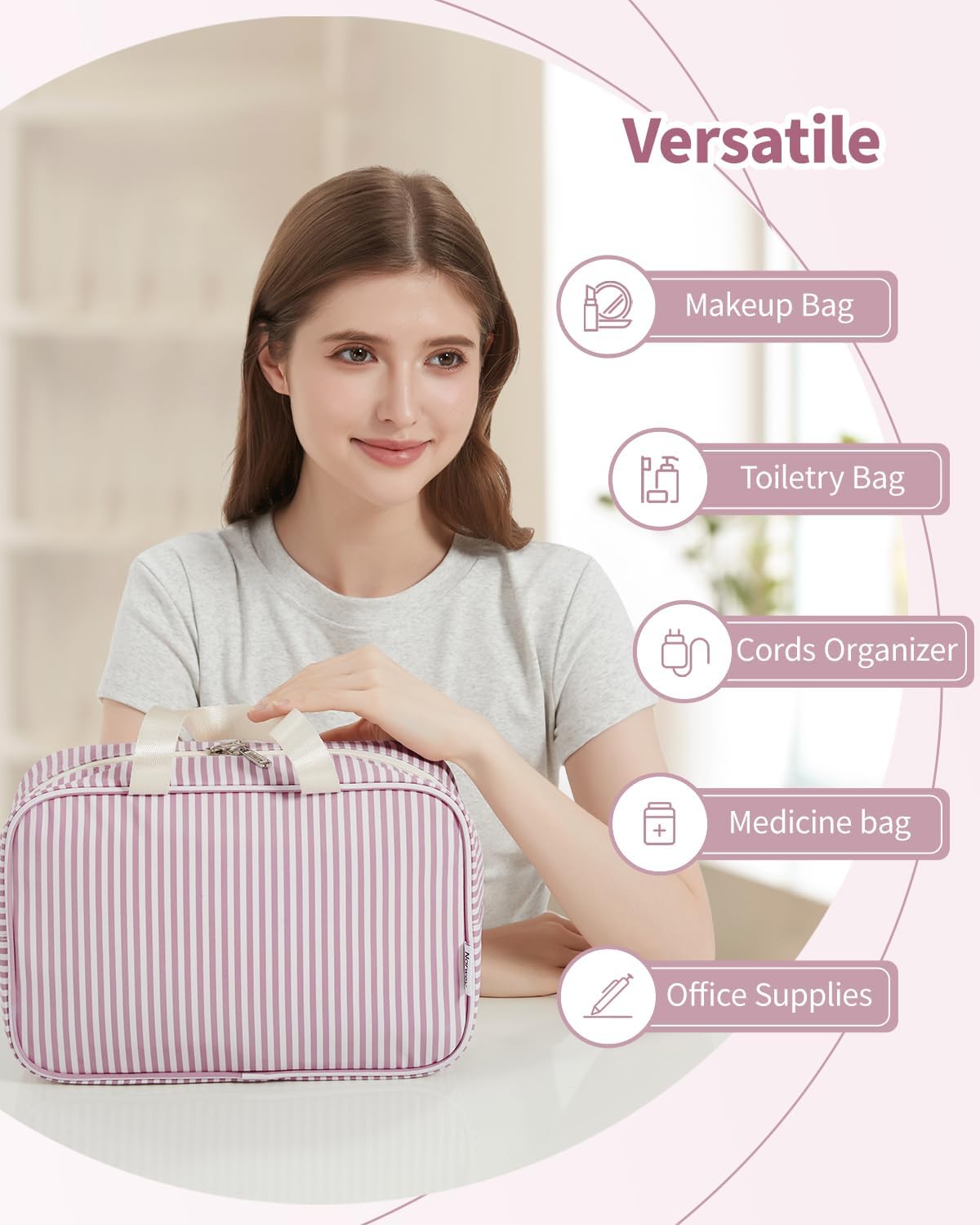 Narwey Toiletry Bag, Large Toiletry Bags for Women, Full Size Wash Bag Women, Large Makeup Bag Portable Toiletries Bag for Travel, Make up Cosmetic Organizer for Essentials (Dusty Rose Stripe)