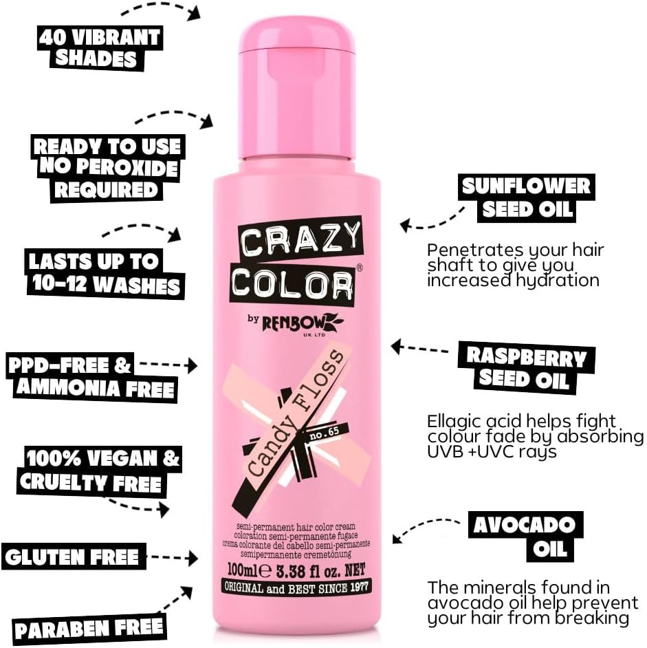 Crazy Color Vibrant Candy Floss Semi-Permanent Hair Dye. Highly Pigmented Pastel Pink Conditioning & Oil Nourishing Vegan Formula | No Bleach or Ammonia | 100ml