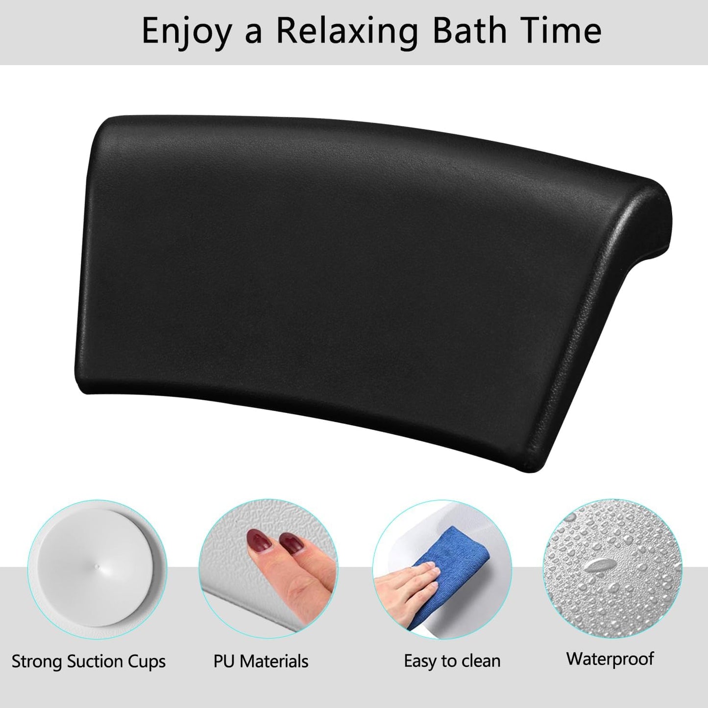 Bath Pillow, Waterproof Bath Pillow, 3D Ergonomic, Bathtub Pillow with 2 Non-Slip Suction Cups, Non-Slip Premium Bath Cushion, Ergonomic Bathtub Pillow for Bathroom Home Spa Headrest - Black