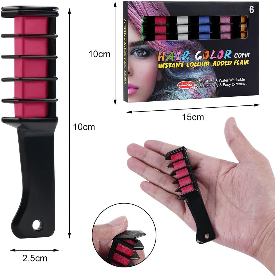 AOOWU 6 Color & Hair Chalk Comb Set for Girls & Kids, Safe Non-Toxic Washable Hair Dye Brush, Halloween New Year Party Cosplay