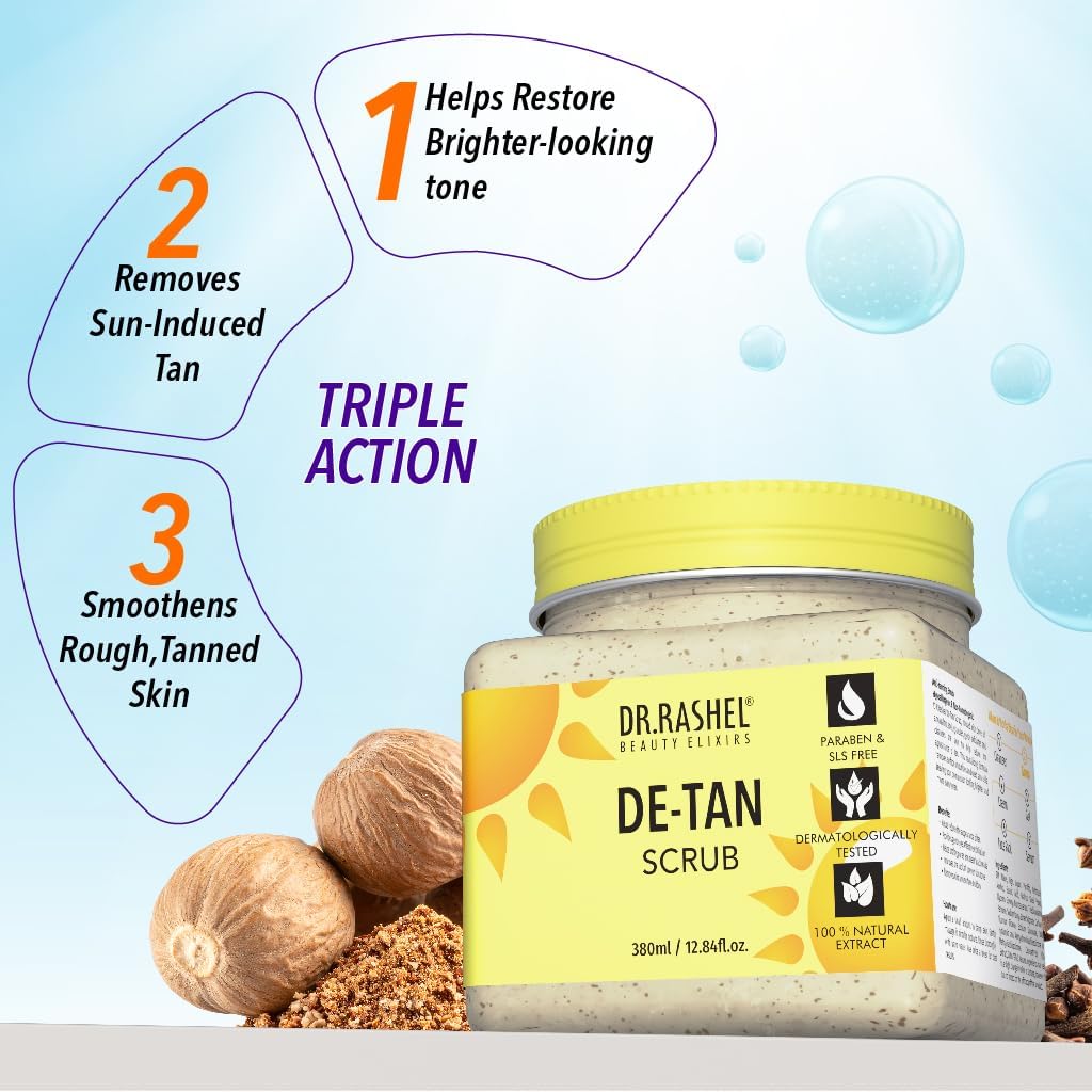 DR.RASHEL De-Tan Scrub For Face & Body (380 Ml) | Revitalizing Tan Removal | Cleanser For Deep Exfoliation | Dead Skin Remover | Blackhead Remover | Skin Brightening Lightening