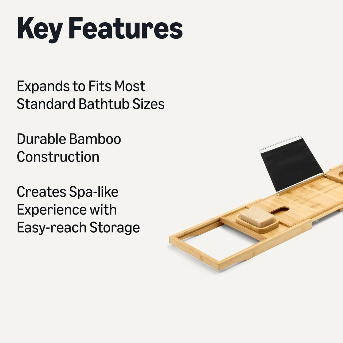 Amazon Basics Bath Tray, Bamboo Bathtub Caddy, Expandable and Foldable, Anti-Slip Grips
