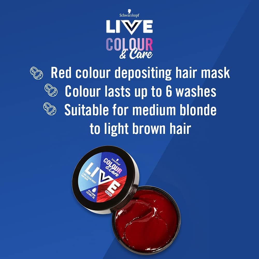 Schwarzkopf LIVE Colour & Care Hair Mask, 5 Minute Wash Out Colour Boost, Semi-permanent Red Hair Dye, Lasts up to 6 Washes- Ruby Red, 150ml
