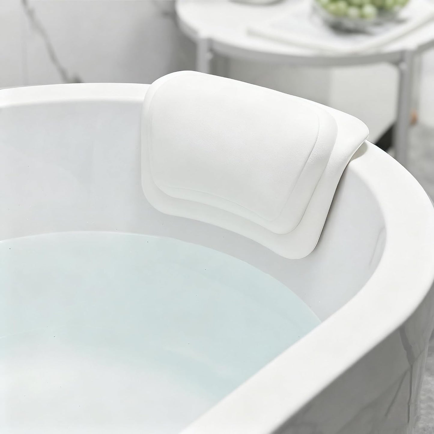Bath Pillow for Bathtub - Waterproof & 3D Ergonomic Headrest with 2 Strong Suction Cups, Non-Slip Spa Cushion for Neck & Back Support, Comfortable Relaxation - White
