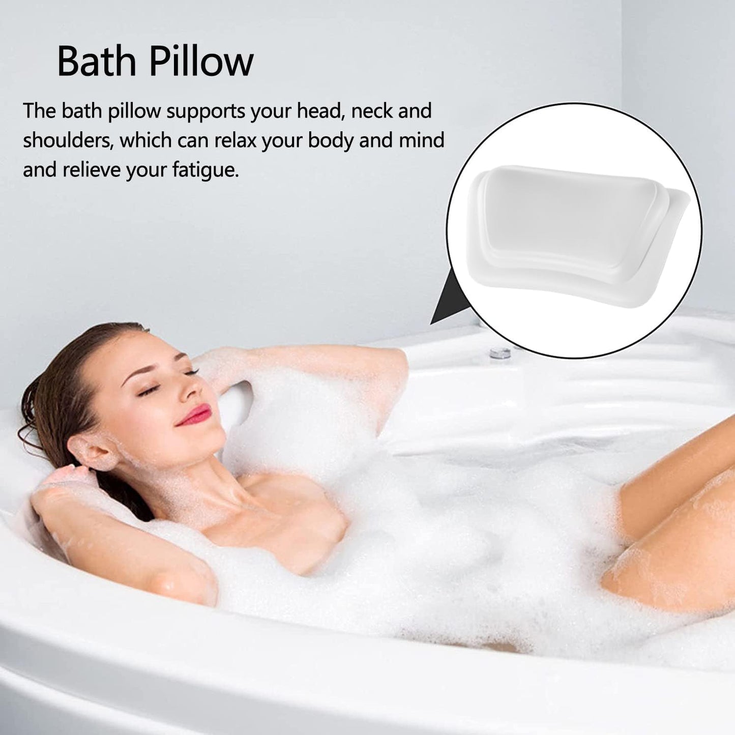 Bath Pillow for Bathtub - Waterproof & 3D Ergonomic Headrest with 2 Strong Suction Cups, Non-Slip Spa Cushion for Neck & Back Support, Comfortable Relaxation - White