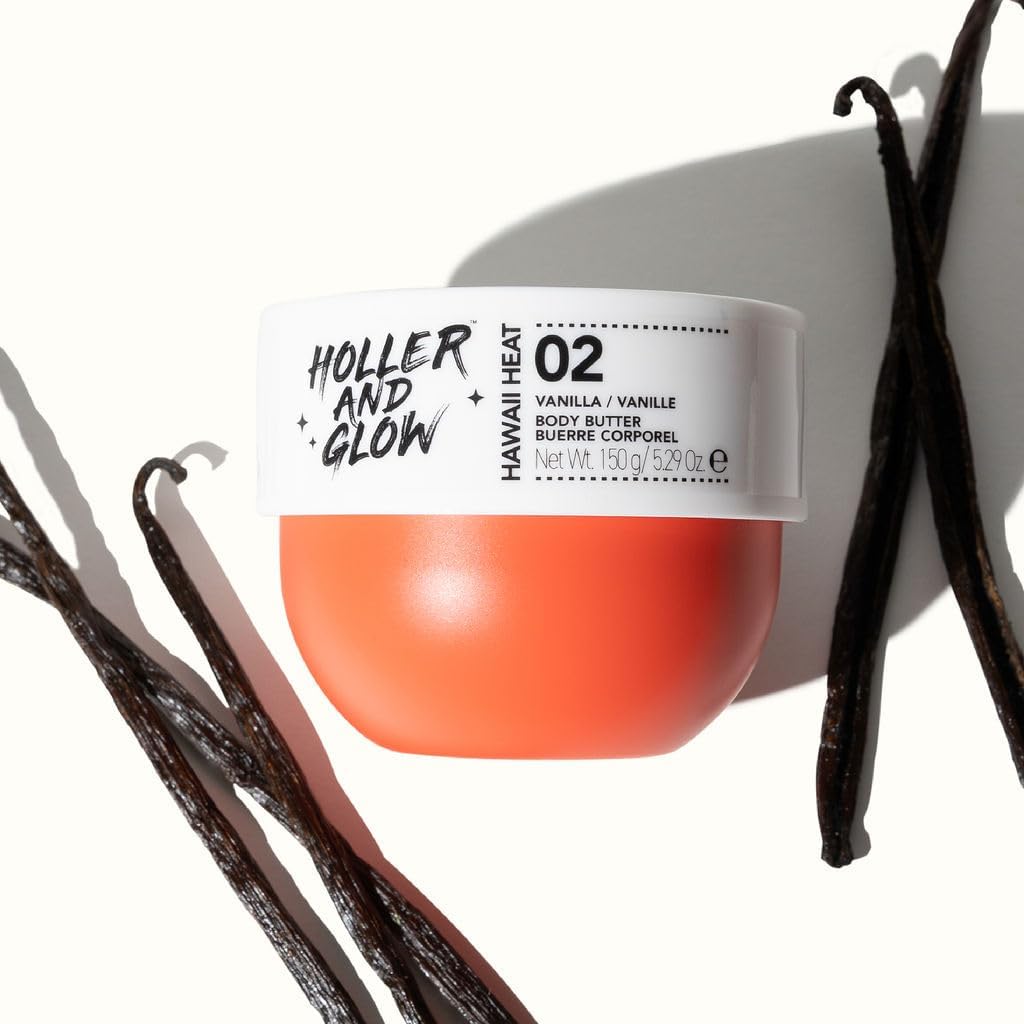 Holler And Glow Hawaii Heat Vanilla Body Butter, Body Butter For Women, Smells Good, Body Lotion For Extremely Dry Skin, Moisturizing, Nourishing, Shea Butter, Peony, Amber Scented, 150 g